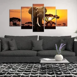 5 Panels Wall Art Canvas Prints Posters Painting Artwork Picture Elephant Animal Tree Sunset Home Decoration Décor Rolled Canvas With Stretched Frame