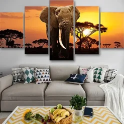5 Panels Wall Art Canvas Prints Posters Painting Artwork Picture Elephant Animal Tree Sunset Home Decoration Décor Rolled Canvas With Stretched Frame
