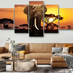 5 Panels Wall Art Canvas Prints Posters Painting Artwork Picture Elephant Animal Tree Sunset Home Decoration Décor Rolled Canvas With Stretched Frame