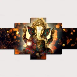 5 Panels Wall Art Canvas Prints Painting Artwork Picture Hindu God Ganesha Painting Home Decoration Decor Rolled Canvas No Frame Unframed Unstretched