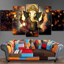 5 Panels Wall Art Canvas Prints Painting Artwork Picture Hindu God Ganesha Painting Home Decoration Decor Rolled Canvas No Frame Unframed Unstretched