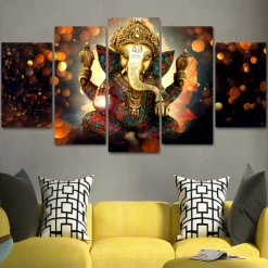 5 Panels Wall Art Canvas Prints Painting Artwork Picture Hindu God Ganesha Painting Home Decoration Decor Rolled Canvas No Frame Unframed Unstretched