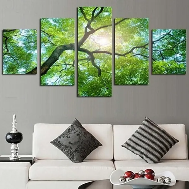 5 Panels Wall Art Canvas Prints Posters Painting Artwork Picture Green Forest Sun Modern Home Decoration Décor Rolled Canvas With Stretched Frame