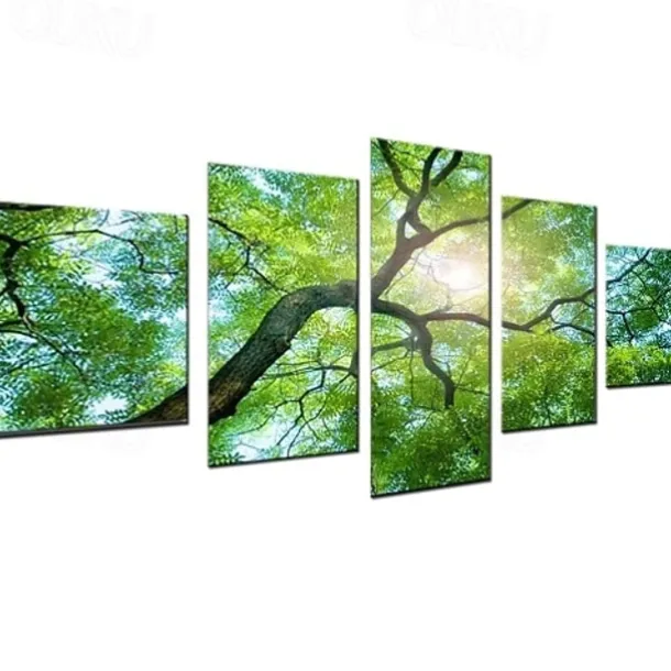 5 Panels Wall Art Canvas Prints Posters Painting Artwork Picture Green Forest Sun Modern Home Decoration Décor Rolled Canvas With Stretched Frame