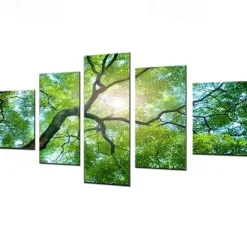 5 Panels Wall Art Canvas Prints Posters Painting Artwork Picture Green Forest Sun Modern Home Decoration Décor Rolled Canvas With Stretched Frame