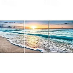 3 Panels Wall Art Canvas Prints Posters Painting Artwork Picture Blue Sea Sunset White Beach Landscape Modern Home Decoration Décor Rolled Canvas No Frame Unframed Unstretched