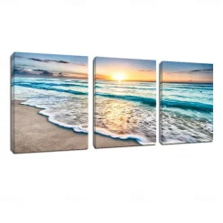 3 Panels Wall Art Canvas Prints Posters Painting Artwork Picture Blue Sea Sunset White Beach Landscape Modern Home Decoration Décor Rolled Canvas No Frame Unframed Unstretched