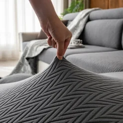 1 Pc Stretch Seat Cover Solid Simple Herringbone Lines Universal Jacquard Soft Polar Fleece Sofa Seat Cover-Easy to Clean & Durable Sofa Slipcover