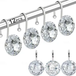 12 Pcs Acrylic Decorative Rolling Diamond Shower Curtain Hooks Rust Proof Rhinestones Crystal Bling Shower Curtain Hooks for Curtain and Shower Rod, Clear Round