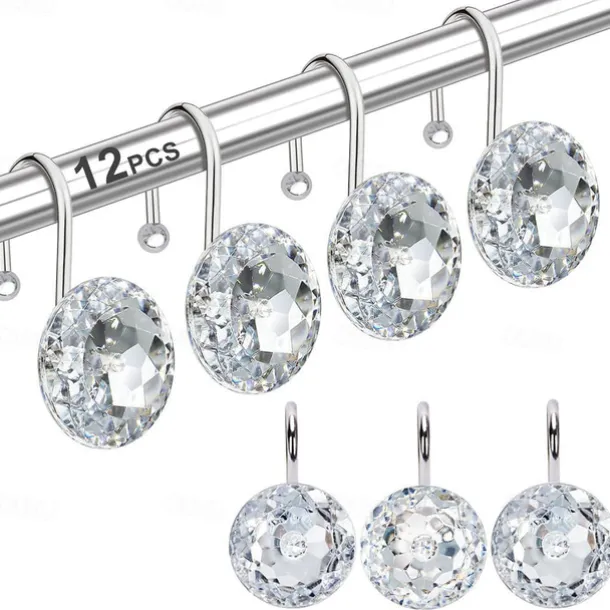 12 Pcs Acrylic Decorative Rolling Diamond Shower Curtain Hooks Rust Proof Rhinestones Crystal Bling Shower Curtain Hooks for Curtain and Shower Rod, Clear Round