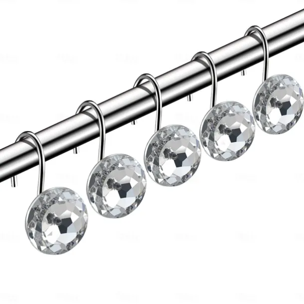 12 Pcs Acrylic Decorative Rolling Diamond Shower Curtain Hooks Rust Proof Rhinestones Crystal Bling Shower Curtain Hooks for Curtain and Shower Rod, Clear Round