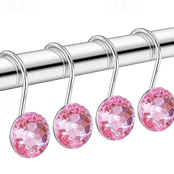12 Pcs Acrylic Decorative Rolling Diamond Shower Curtain Hooks Rust Proof Rhinestones Crystal Bling Shower Curtain Hooks for Curtain and Shower Rod, Clear Round