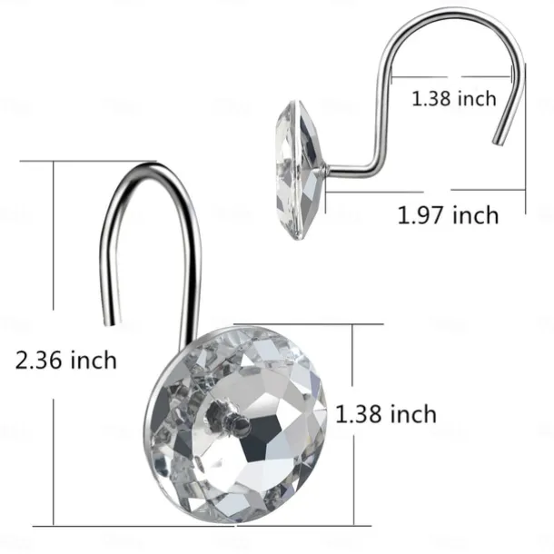 12 Pcs Acrylic Decorative Rolling Diamond Shower Curtain Hooks Rust Proof Rhinestones Crystal Bling Shower Curtain Hooks for Curtain and Shower Rod, Clear Round