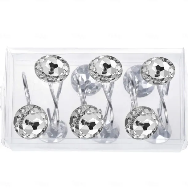 12 Pcs Acrylic Decorative Rolling Diamond Shower Curtain Hooks Rust Proof Rhinestones Crystal Bling Shower Curtain Hooks for Curtain and Shower Rod, Clear Round