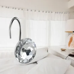 12 Pcs Acrylic Decorative Rolling Diamond Shower Curtain Hooks Rust Proof Rhinestones Crystal Bling Shower Curtain Hooks for Curtain and Shower Rod, Clear Round