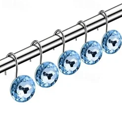 12 Pcs Acrylic Decorative Rolling Diamond Shower Curtain Hooks Rust Proof Rhinestones Crystal Bling Shower Curtain Hooks for Curtain and Shower Rod, Clear Round