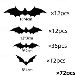 72 Pcs Bats Wall Decor Halloween Decorations, 3D Bat Stickers for Home Decor 4 Size Scary Black Spooky Bats Party Supplies