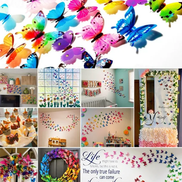 120 PCS 3D Colorful Butterfly Wall Stickers DIY Art Decor Crafts for Party Cosplay Wedding Offices Bedroom Room Glue Sticker Set (Single Wing and Double Wings Multicolor)