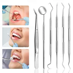 6 Pcs Dental Tools- Plaque Remover for Teeth - Professional Dental Hygiene Cleaning Kit 6-Pcs Stainless Steel Oral Care Set with Tweezer Tartar Scalar Mouth Mirror