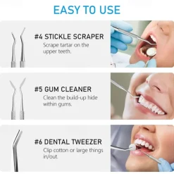 6 Pcs Dental Tools- Plaque Remover for Teeth - Professional Dental Hygiene Cleaning Kit 6-Pcs Stainless Steel Oral Care Set with Tweezer Tartar Scalar Mouth Mirror