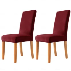 2 Pcs Dining Chair Cover Burgundy Velvet Stretch Chair Seat Slipcover Spandex with Elastic Bottom Protector for Dining Room Wedding Ceremony Durable Washable