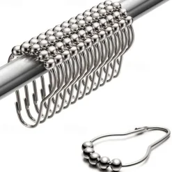 12 pcs Stainless Steel Curtain Hooks Bath Curtain Rollerball Shower Curtain Rings Hooks 5 Rollers Polished Satin Nickel Ball
