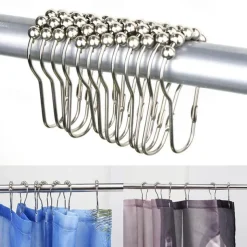 12 pcs Stainless Steel Curtain Hooks Bath Curtain Rollerball Shower Curtain Rings Hooks 5 Rollers Polished Satin Nickel Ball