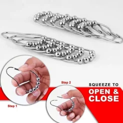 12 pcs Stainless Steel Curtain Hooks Bath Curtain Rollerball Shower Curtain Rings Hooks 5 Rollers Polished Satin Nickel Ball