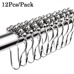 12 pcs Stainless Steel Curtain Hooks Bath Curtain Rollerball Shower Curtain Rings Hooks 5 Rollers Polished Satin Nickel Ball