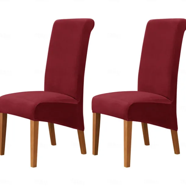 2 Pcs Velvet Dining Chair Cover Burgundy Stretch Chair Seat Slipcover Spandex with High Back Elastic Bottom Protector for Dining Wedding Ceremony Washable