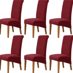 6 Pcs Velvet Plush XL Dining Chair Covers, Burgundy Stretch Chair Cover, Spandex High Back Chair Protector Covers Seat Slipcover with Elastic Band for Dining Room,Wedding