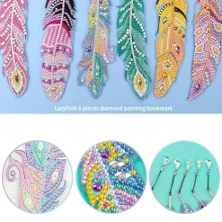 6 Pcs Whimsical Feather Bookmarks - Unique Irregular Diamond Painting Designs, DIY Animal-Themed Craft Kit with Easy-to-Follow Instructions, Perfect for Book Lovers and Craft Enthusiasts