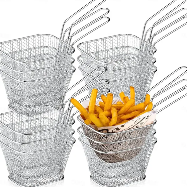 12 Pieces Mini Square Fry Basket Steel French Fry Chip Basket Food Baskets for Serving Stainless Steel Fry Basket with Handle Reusable Fries Holder Mini Deep Fryer with Basket for Home Decor