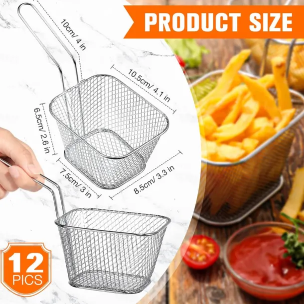 12 Pieces Mini Square Fry Basket Steel French Fry Chip Basket Food Baskets for Serving Stainless Steel Fry Basket with Handle Reusable Fries Holder Mini Deep Fryer with Basket for Home Decor