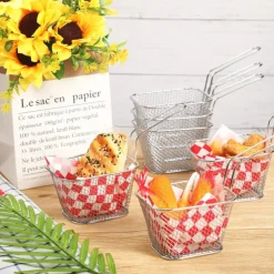 12 Pieces Mini Square Fry Basket Steel French Fry Chip Basket Food Baskets for Serving Stainless Steel Fry Basket with Handle Reusable Fries Holder Mini Deep Fryer with Basket for Home Decor
