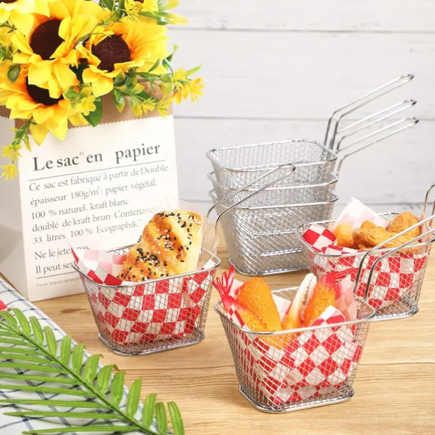 12 Pieces Mini Square Fry Basket Steel French Fry Chip Basket Food Baskets for Serving Stainless Steel Fry Basket with Handle Reusable Fries Holder Mini Deep Fryer with Basket for Home Decor