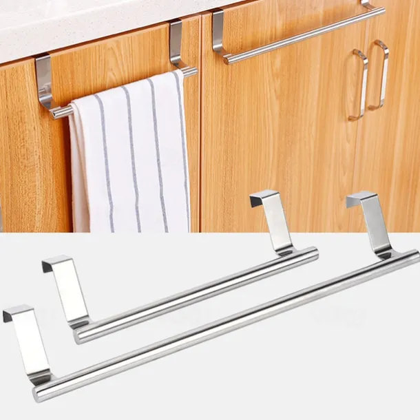 2 Pieces Punch Free Door Rear Hook Towel Rack Over Door Stainless Steel Single-bar Towel Rack Bathroom Kitchen Non-perforated Towel Rail Rag Rack Shelf Hanger