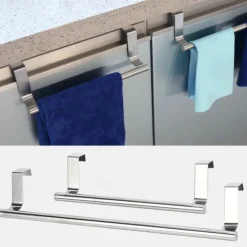 2 Pieces Punch Free Door Rear Hook Towel Rack Over Door Stainless Steel Single-bar Towel Rack Bathroom Kitchen Non-perforated Towel Rail Rag Rack Shelf Hanger