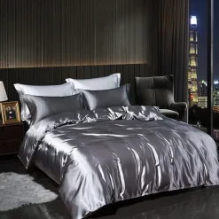 4 Pieces Satin Silk Bedding Set with Fitted Sheets Duvet Cover Sets Summer Solid Color Comforters Covers with 2 Pillowcases