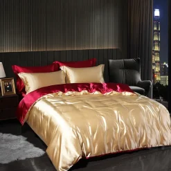 4 Pieces Satin Silk Bedding Set with Fitted Sheets Duvet Cover Sets Summer Solid Color Comforters Covers with 2 Pillowcases