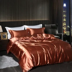 4 Pieces Satin Silk Bedding Set with Fitted Sheets Duvet Cover Sets Summer Solid Color Comforters Covers with 2 Pillowcases