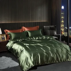 4 Pieces Satin Silk Bedding Set with Fitted Sheets Duvet Cover Sets Summer Solid Color Comforters Covers with 2 Pillowcases