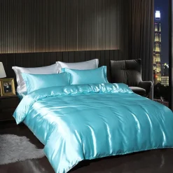 4 Pieces Satin Silk Bedding Set with Fitted Sheets Duvet Cover Sets Summer Solid Color Comforters Covers with 2 Pillowcases