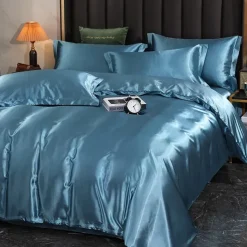 4 Pieces Satin Silk Bedding Set with Fitted Sheets Duvet Cover Sets Summer Solid Color Comforters Covers with 2 Pillowcases