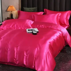 4 Pieces Satin Silk Bedding Set with Fitted Sheets Duvet Cover Sets Summer Solid Color Comforters Covers with 2 Pillowcases