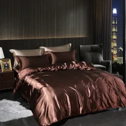 4 Pieces Satin Silk Bedding Set with Fitted Sheets Duvet Cover Sets Summer Solid Color Comforters Covers with 2 Pillowcases