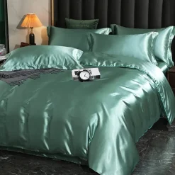 4 Pieces Satin Silk Bedding Set with Fitted Sheets Duvet Cover Sets Summer Solid Color Comforters Covers with 2 Pillowcases