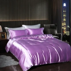 4 Pieces Satin Silk Bedding Set with Fitted Sheets Duvet Cover Sets Summer Solid Color Comforters Covers with 2 Pillowcases