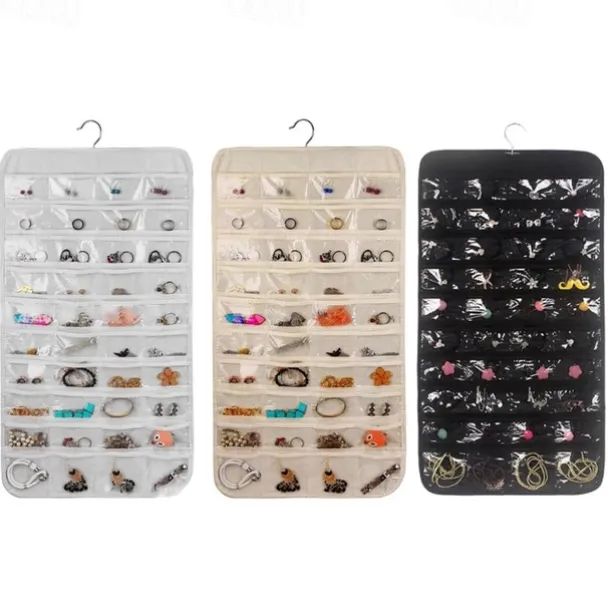 80 Pockets Double Sided Hanging Jewelry Display Organizer Storage Bag Non-woven Foldable Ring Necklace Bracelet Pouch