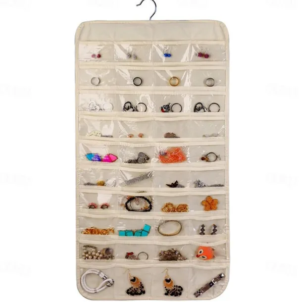 80 Pockets Double Sided Hanging Jewelry Display Organizer Storage Bag Non-woven Foldable Ring Necklace Bracelet Pouch